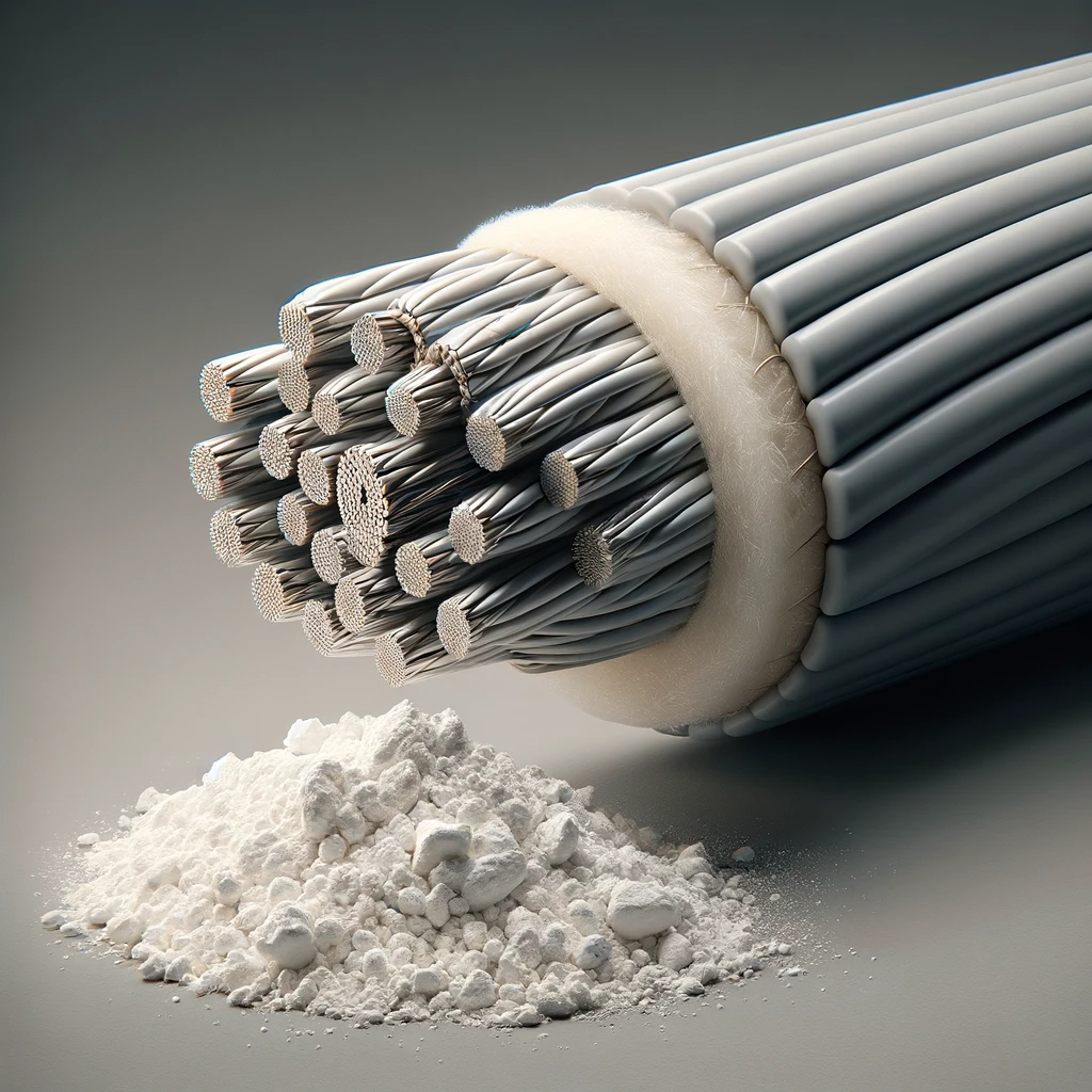 DALL·E 2024-01-30 17.08.21 - A close-up image of a cable sheath with a small bunch of white powder beside it. The cable sheath, an essential part of cable protection, is shown in .png